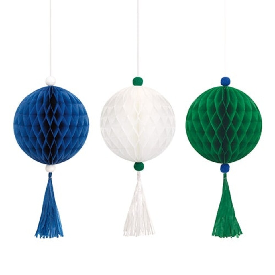 Blue White & Green Honeycomb Hanging Decorations with Tassels - Pack of 3