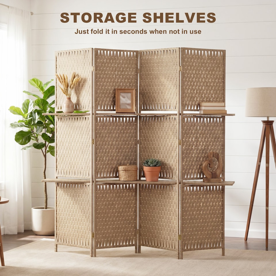 image 1 of HOMCOM 4-Panel Folding Room Divider with Shelves