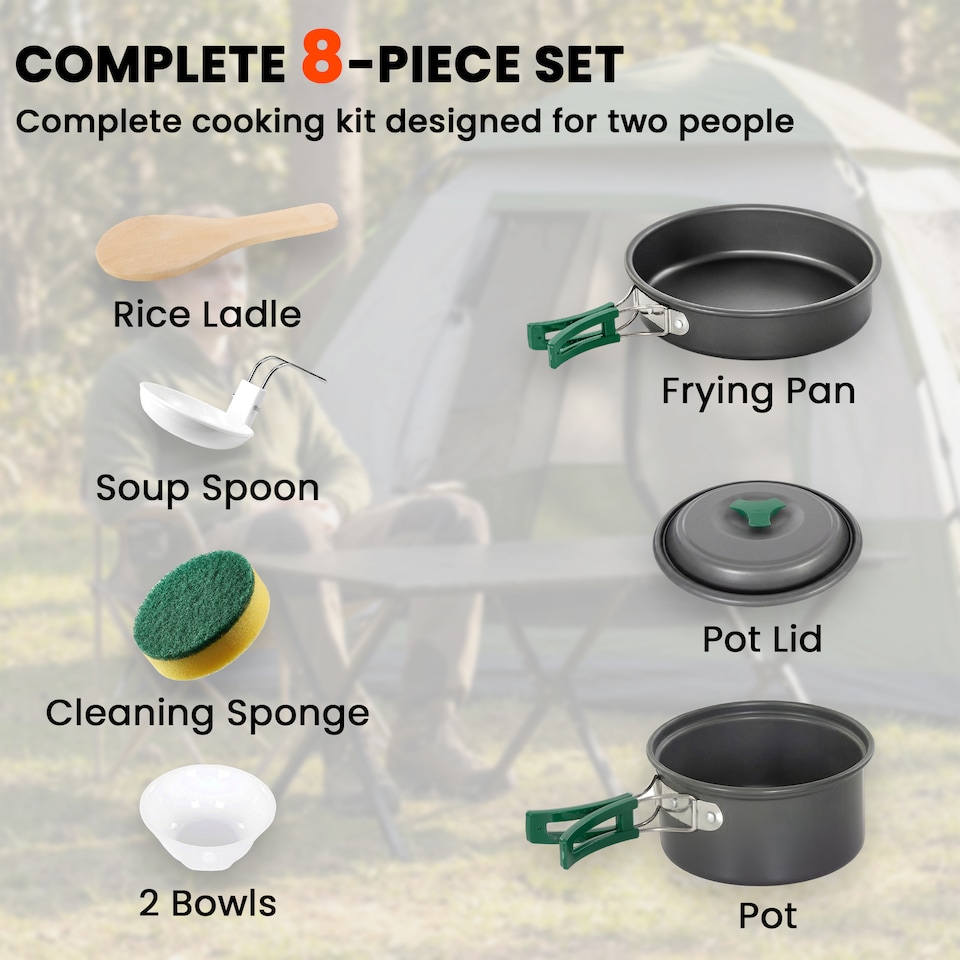 image 1 of Outsunny Camping Cookware Set, 8-Piece Ultralight Camping Cooking Kit Grey | Grey | Grey, Green | Φ17 x 10 cm packed