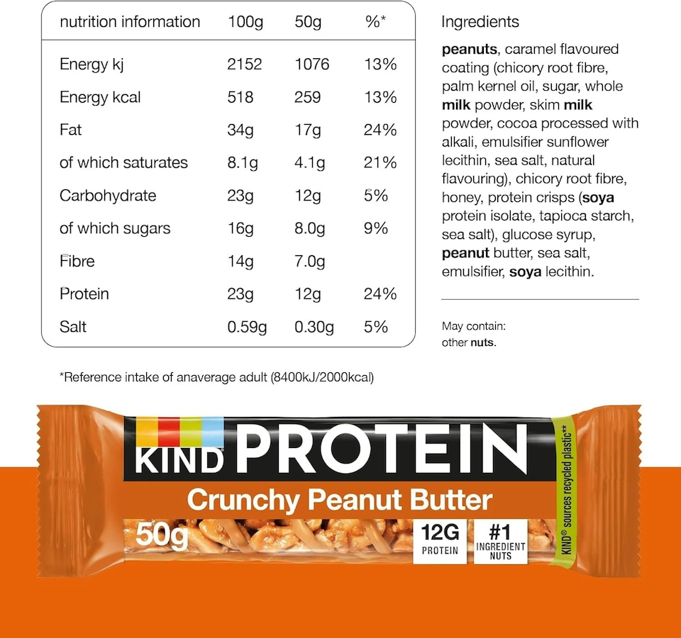 image 1 of KIND Protein Bars, Gluten Free Snack Bars, Crunchy Peanut Butter, High Fibre, Source of Protein, No Artificial Colours, Flavours or Preservatives, 12 x 50g | Brown