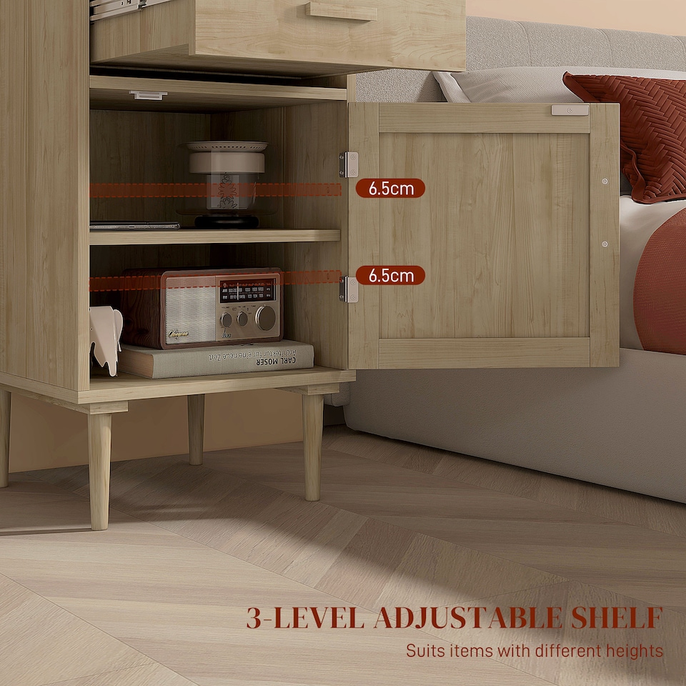 image 1 of HOMCOM Bedside Table with Rattan Drawer, Cabinet and Adjustable Shelf, Natural