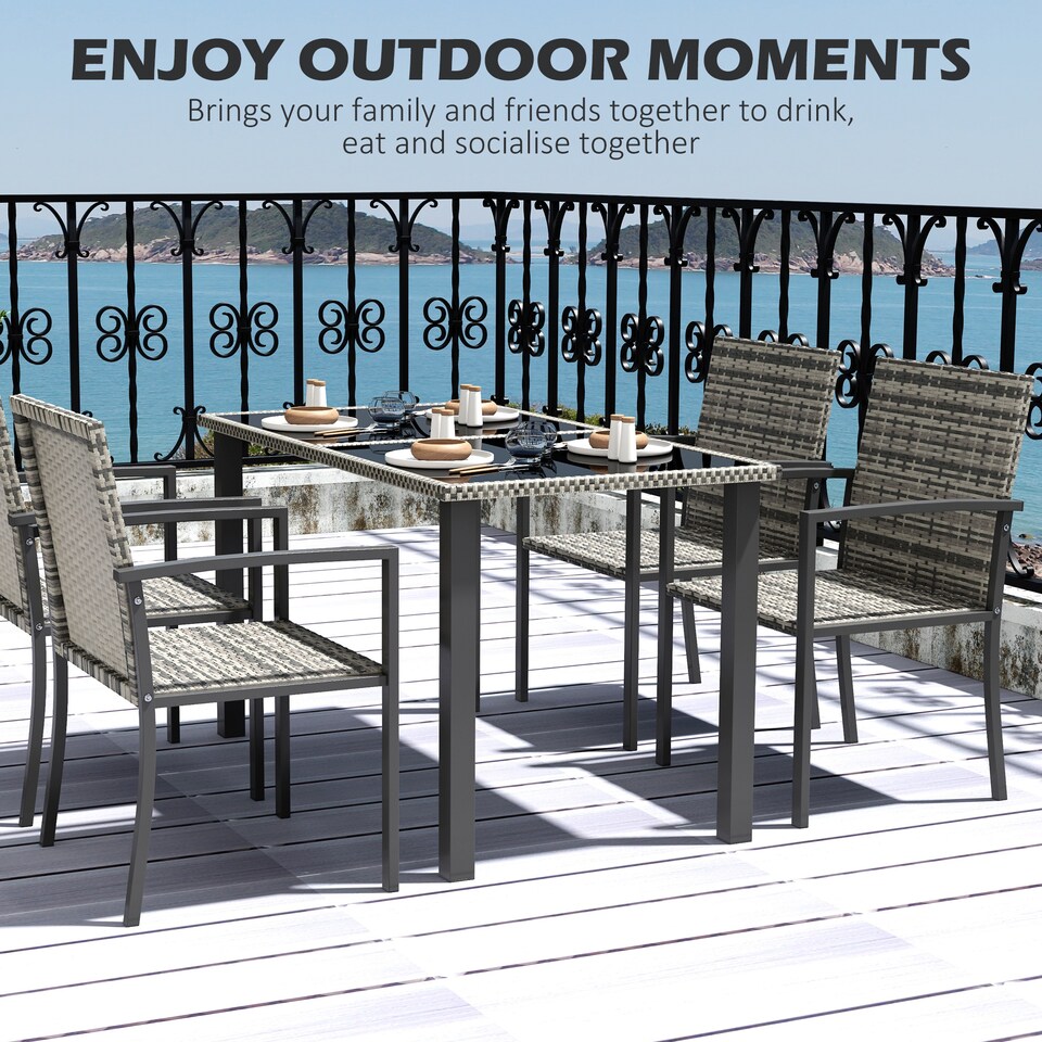 image 1 of Outsunny 4 Seater Rattan Dining Set with Rectangular Glass Top Table and 4 Armchairs, PE Rattan Garden Furniture Set, Outdoor Dining Table and Chairs for Patio, Balcony, Terrace, Mixed Grey