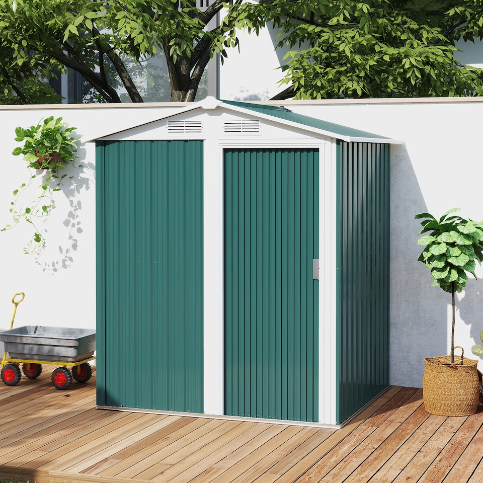 image 1 of Outsunny 5ft x 4ft Garden Shed, Metal Tool Storage Shed with Sliding Door, Sloped Roof and Foundation Kit for Garden, Patio, Green