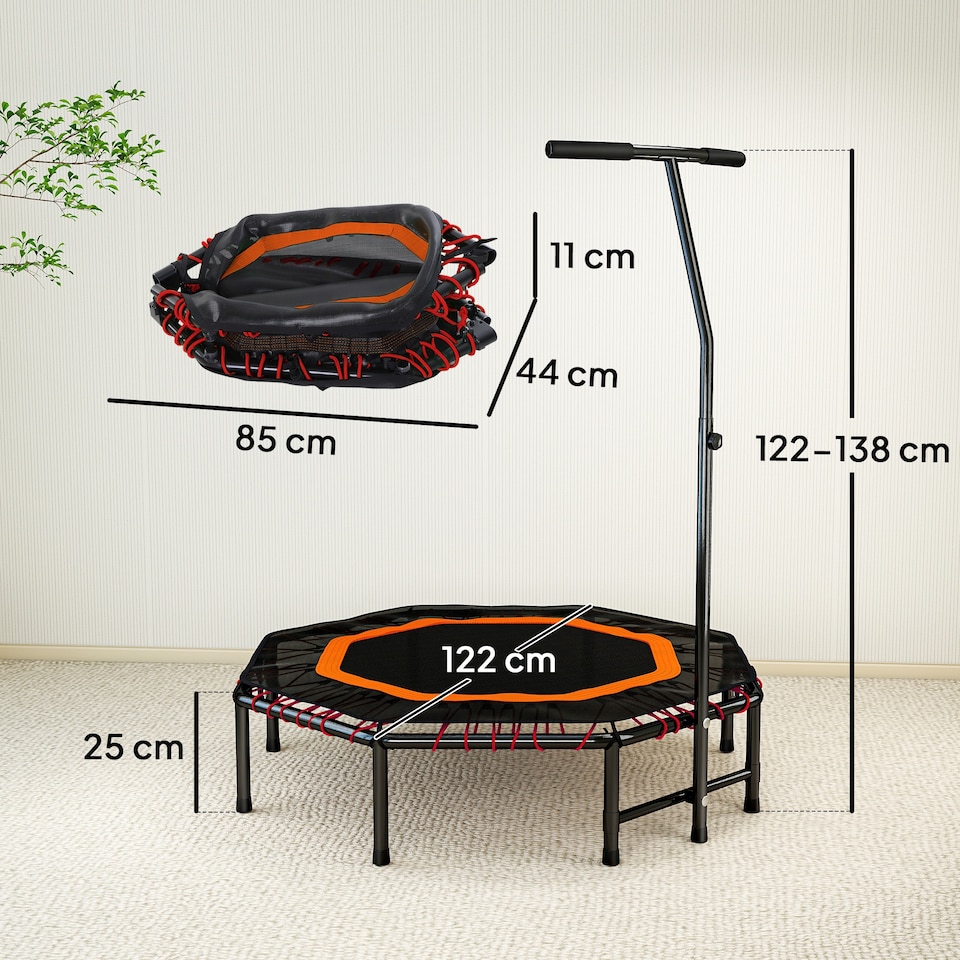 image 1 of HOMCOM 48" Octagonal Mini Fitness Trampoline Rebounder Indoor Outdoor Foldable Mini Jumper with Adjustable Handle, Max Load 150 KG, Orange