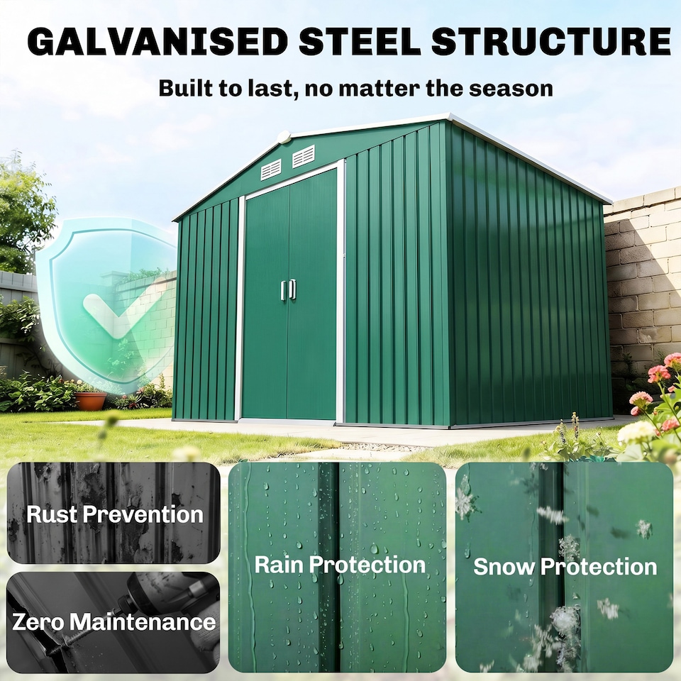 image 1 of Outsunny 9 x 6FT Galvanised Garden Storage Shed with Sliding Door, Green | Green