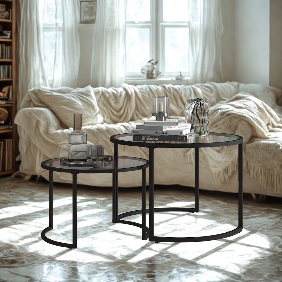 image 1 of Set Of 2 Round Black Nesting Tables With Tempered Glass Top