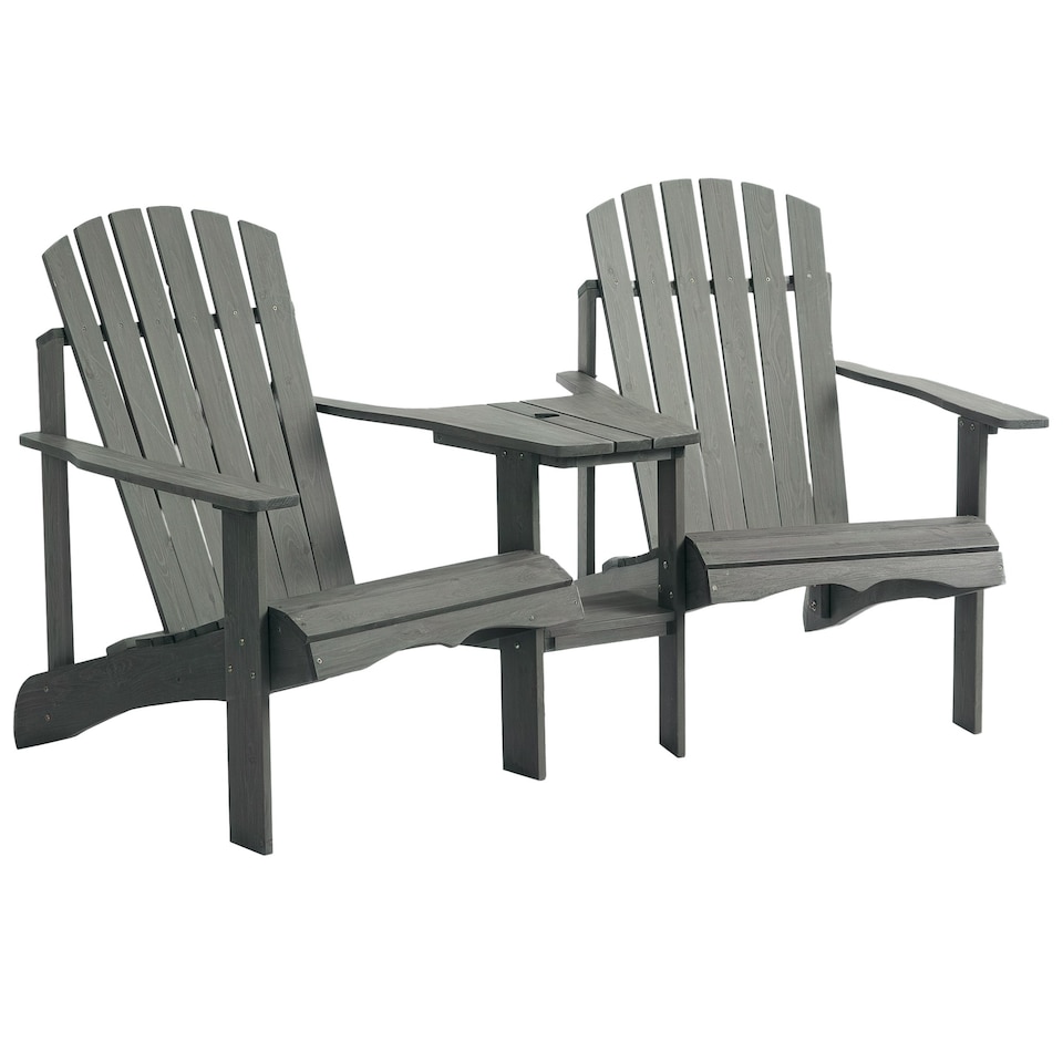 image 1 of Outsunny Wooden Outdoor Double Adirondack Chair w/ Center Table & Umbrella Hole