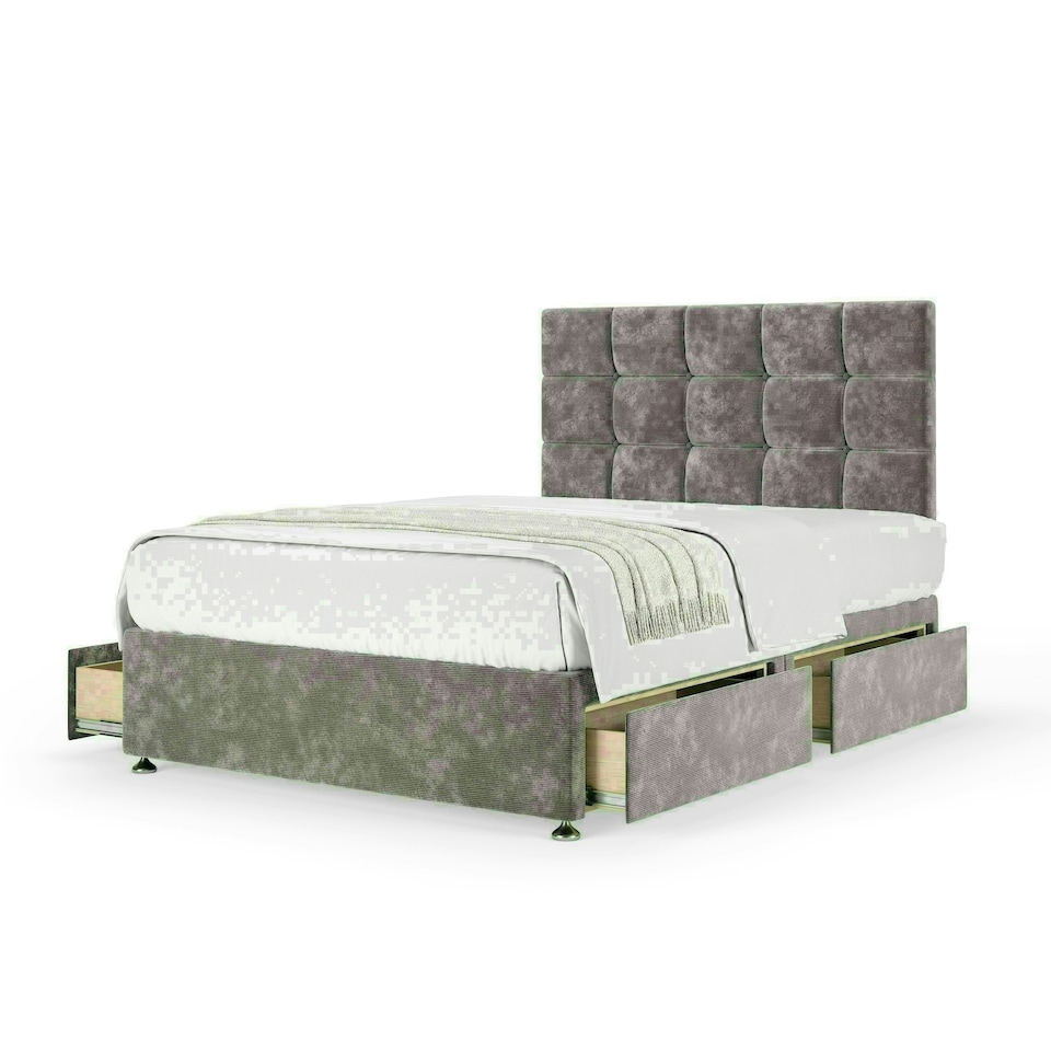 Silver Chenille 4 Drawer Divan Base and Pearl Headboard Double