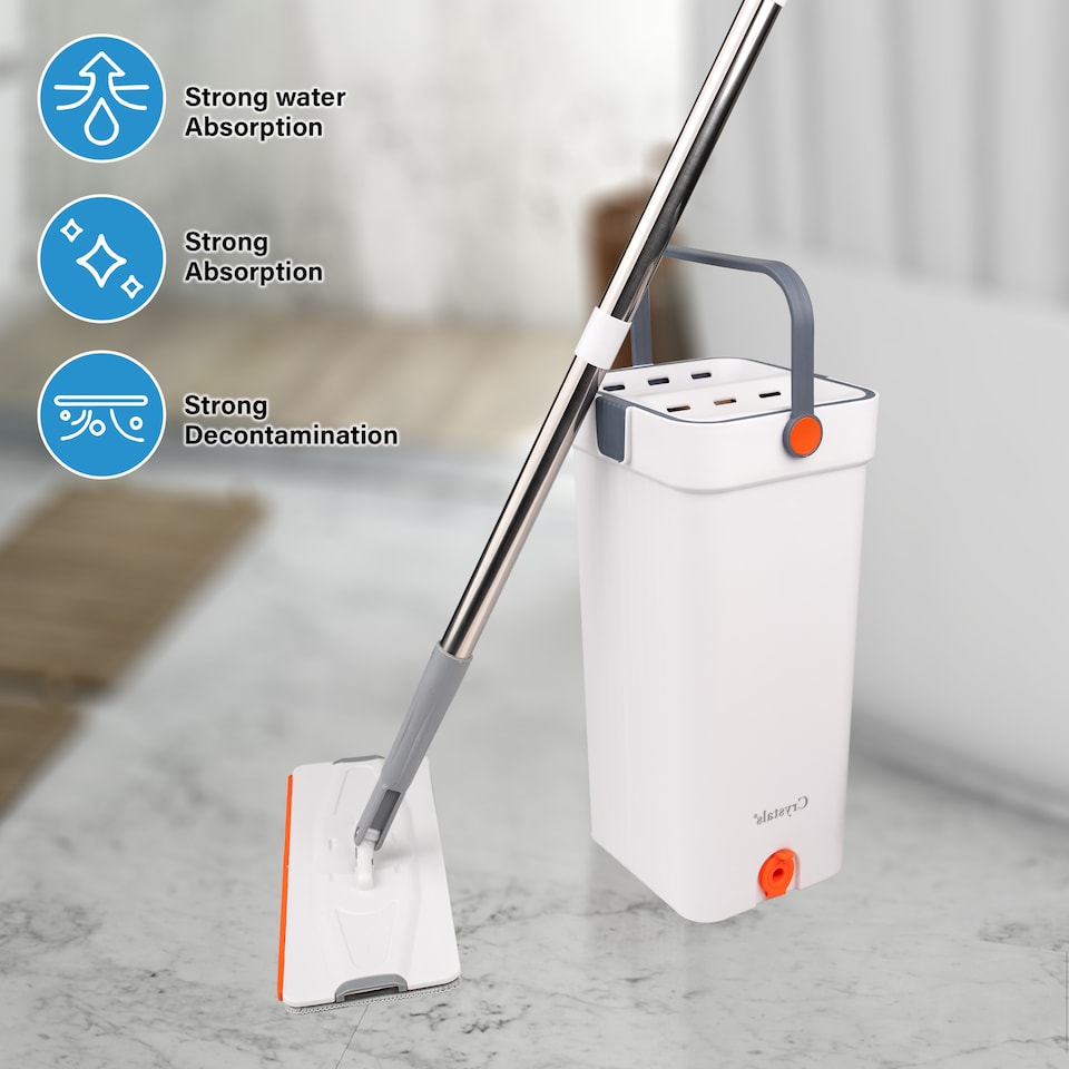 image 1 of 360 Flat Mop & Bucket Set Squeeze Dry Microfibre Floor Cleaner with 2 Refill Pads