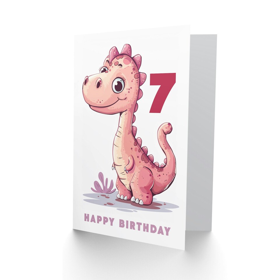 image 1 of Cute Pink Dinosaur Cartoon Age 7 Year Old Child Kids 7th Birthday Card