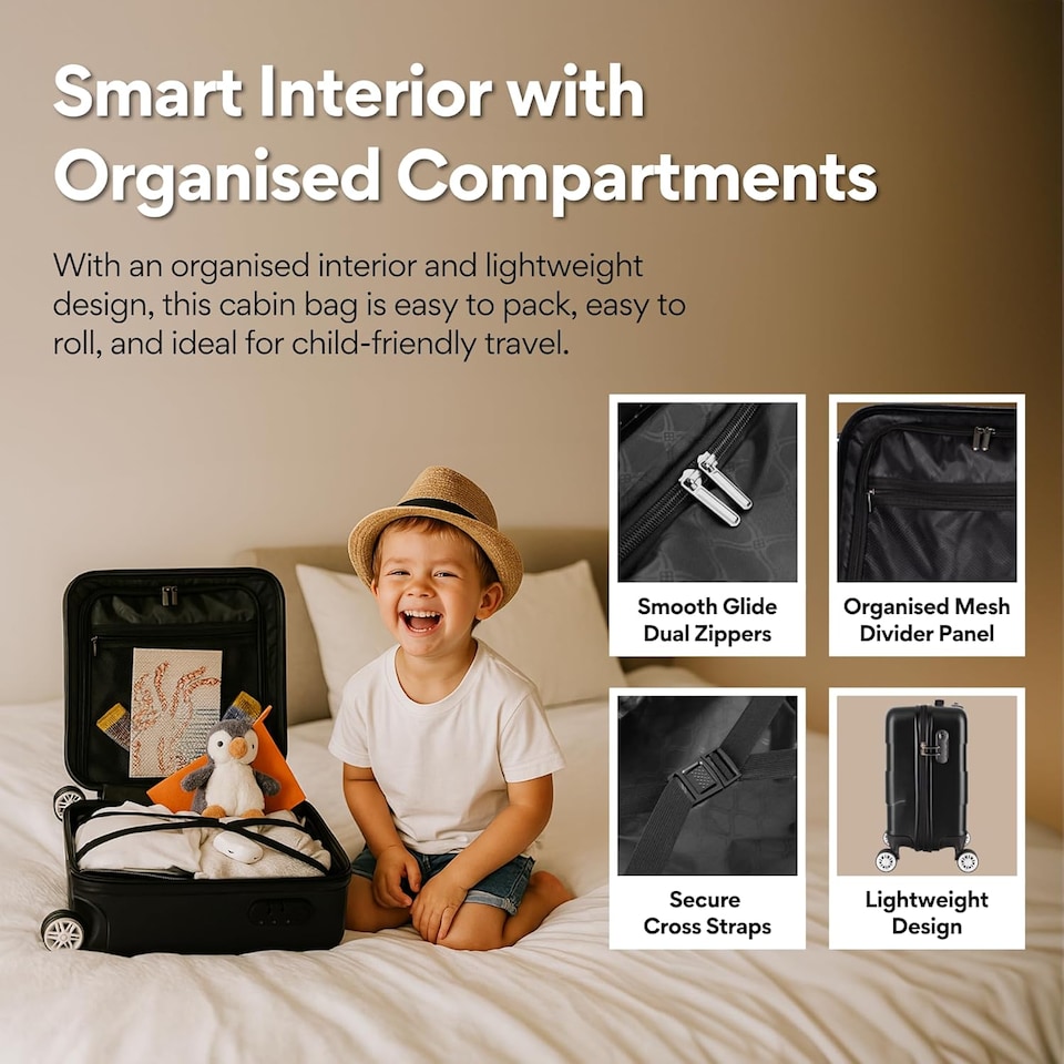 image 1 of Straame 45x35x20cm Black Cabin Suitcase, 360° Spinner Wheels