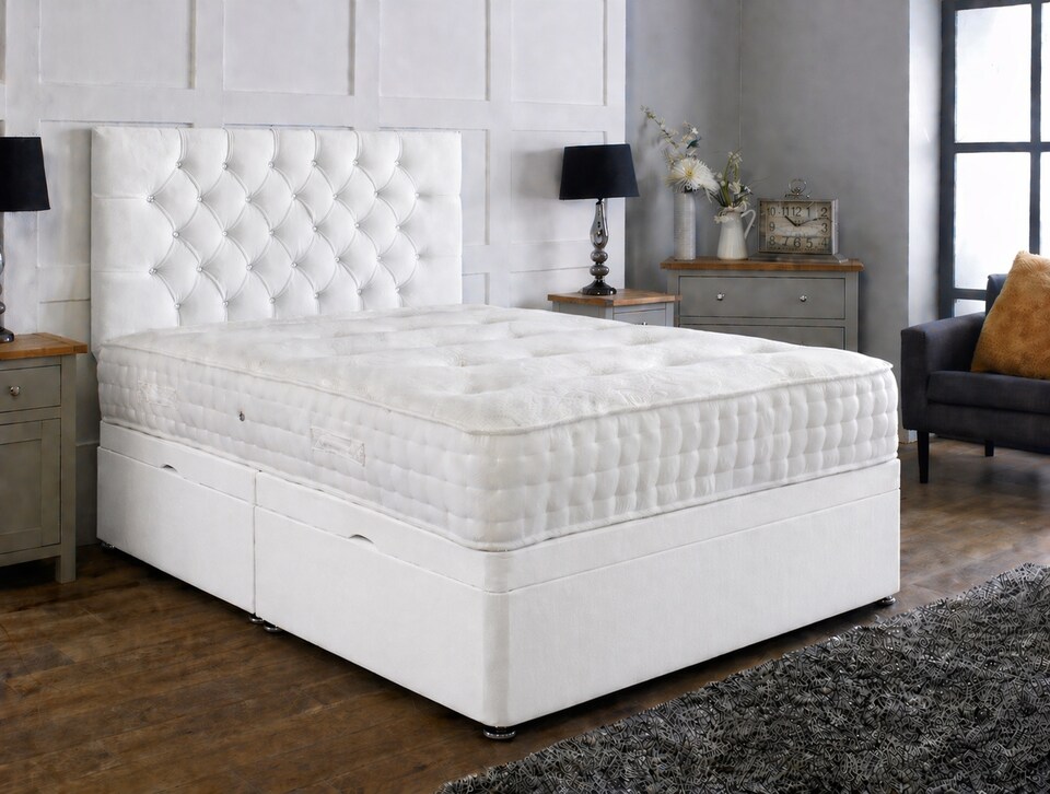 image 1 of Side Lift 6ft Superking White Plush Ottoman Bed With Headboard and Mattress