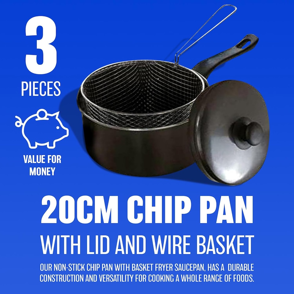 image 1 of 20cm Non Stick Chip Pan With Strainer Basket Non Stick With Handles Fry Chips Cookware