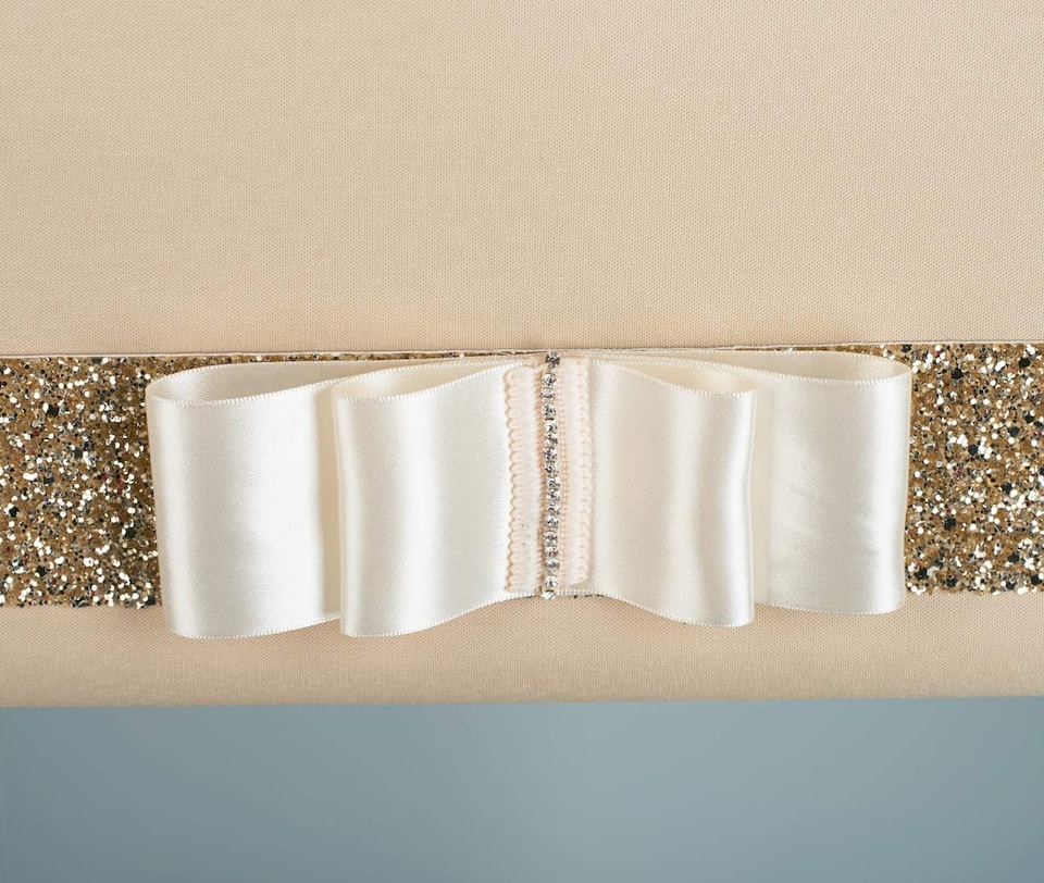 image 1 of FURNISHED Blackout Roller Blind with Gold Glitter Trim and Cream Bow Trimmable Window Shade | Brown | Cappuccino | (W) 105cm x (L) 165cm