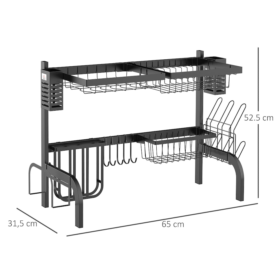 image 1 of HOMCOM 2 Tier Dish Rack, Over The Sink Dish Drainer Rack for Kitchen, Black