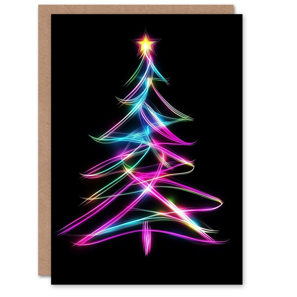 image 1 of Neon on Black Colourful Tree Light Painting Blank For Him Or Her Art Christmas Card