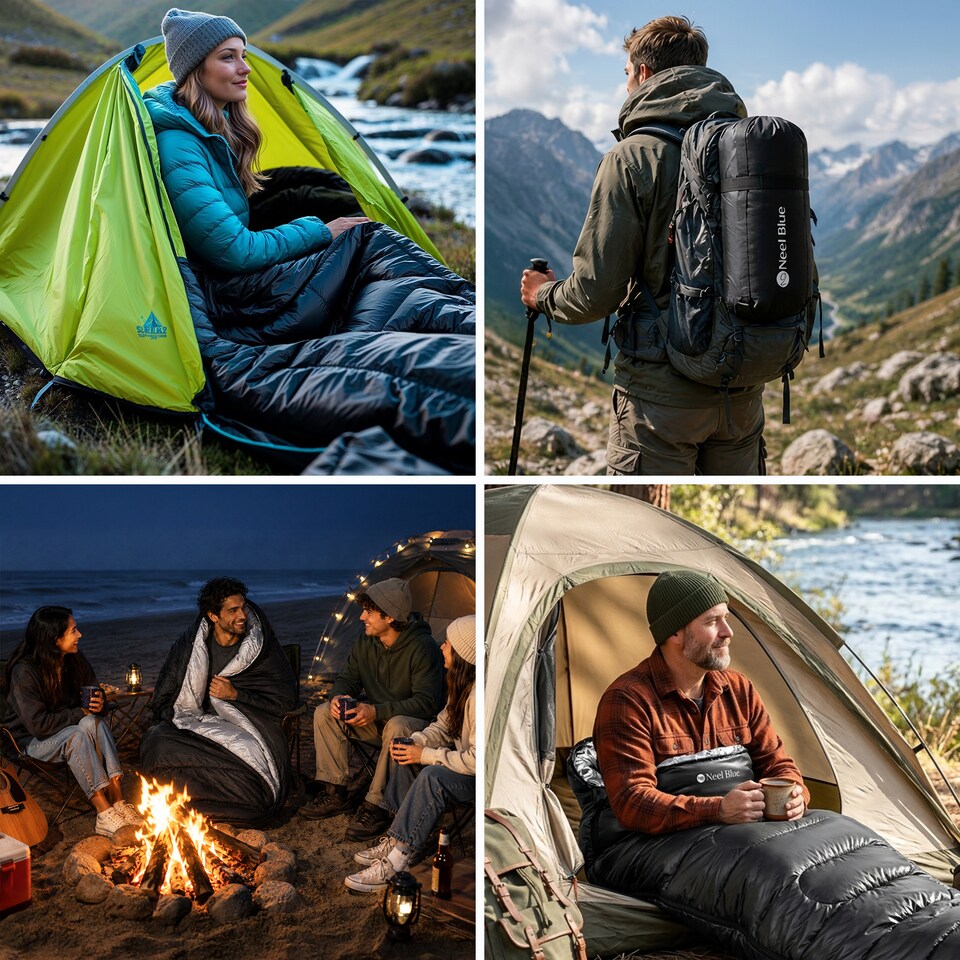 image 1 of 350GSM Mummy Waterproof Sleeping Bag with Hood, 6ft Adults - 3-4 Season