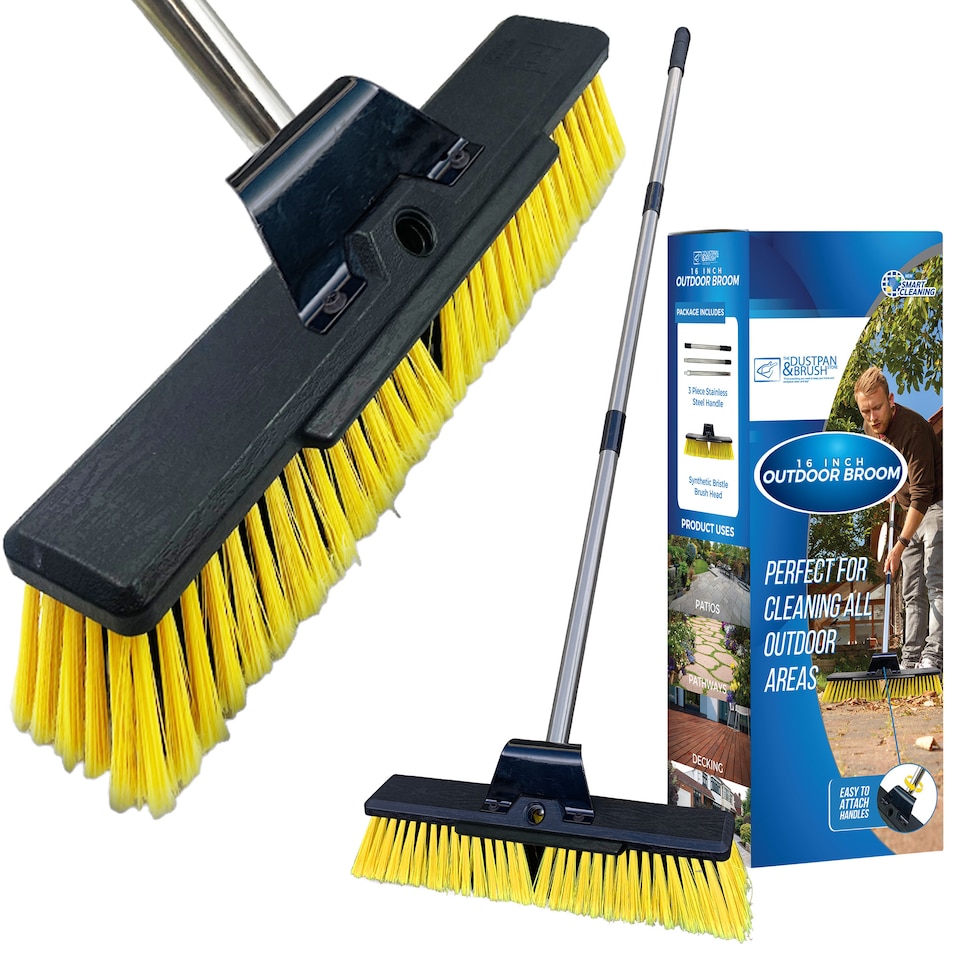 image 1 of Heavy Duty Garden Brush Outdoor Sweeping Broom 16" Wide with Metal Handle