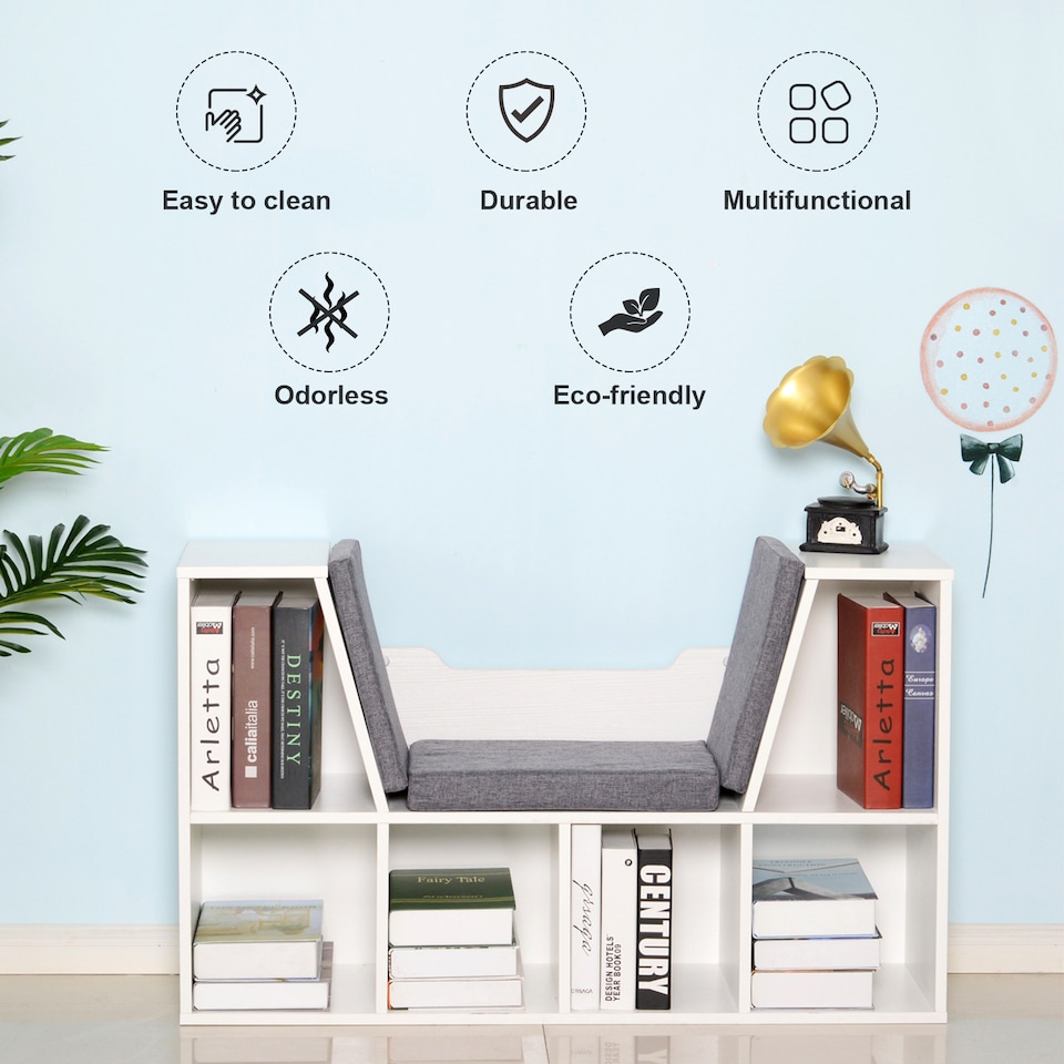 image 1 of HOMCOM Bookcase Storage Shelf with Cushioned Reading Seat, Cube Bookshelf Organizer for Bedroom Living Room, White