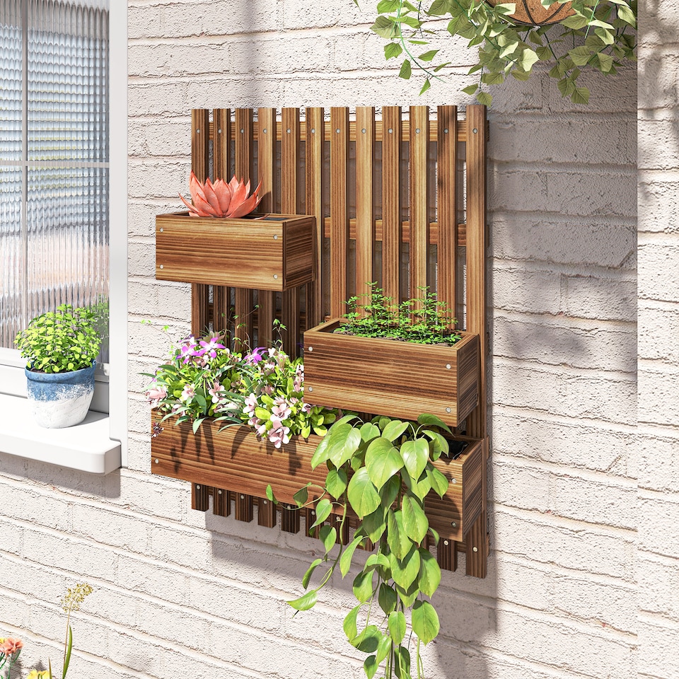 image 1 of Outsunny Wooden Garden Planters with Trellis Wall-mounted Raised Garden Bed