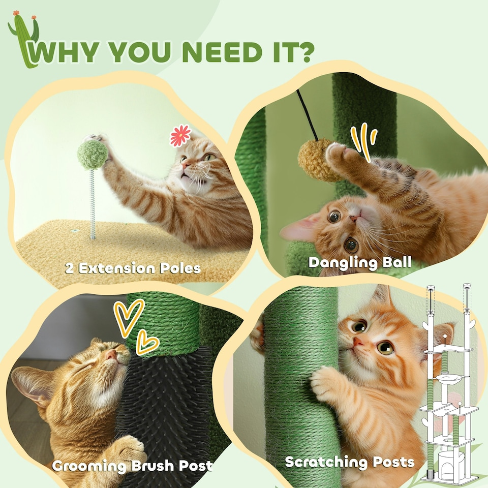 image 1 of PawHut Cat Tower 225-255cm Adjustable with Sisal Posts Hammocks, Green