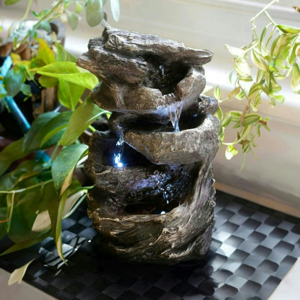 image 1 of Primrose Hayal 3-Tier Cascading Tabletop Water Feature with RGB Lights 28cm