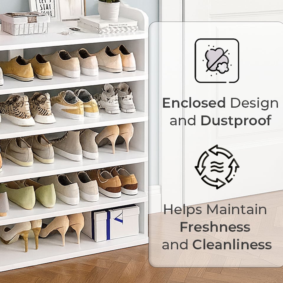 image 1 of Neo White 6 Tier Wooden Shoe Rack Space-Saving Cabinet Organiser Shelving Storage Shelf for Entryway Hallway Closet Bedroom