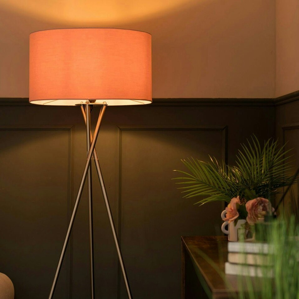 image 1 of ValueLights Camden Chrome Tripod Floor Lamp Pink Shade & Bulb Pink