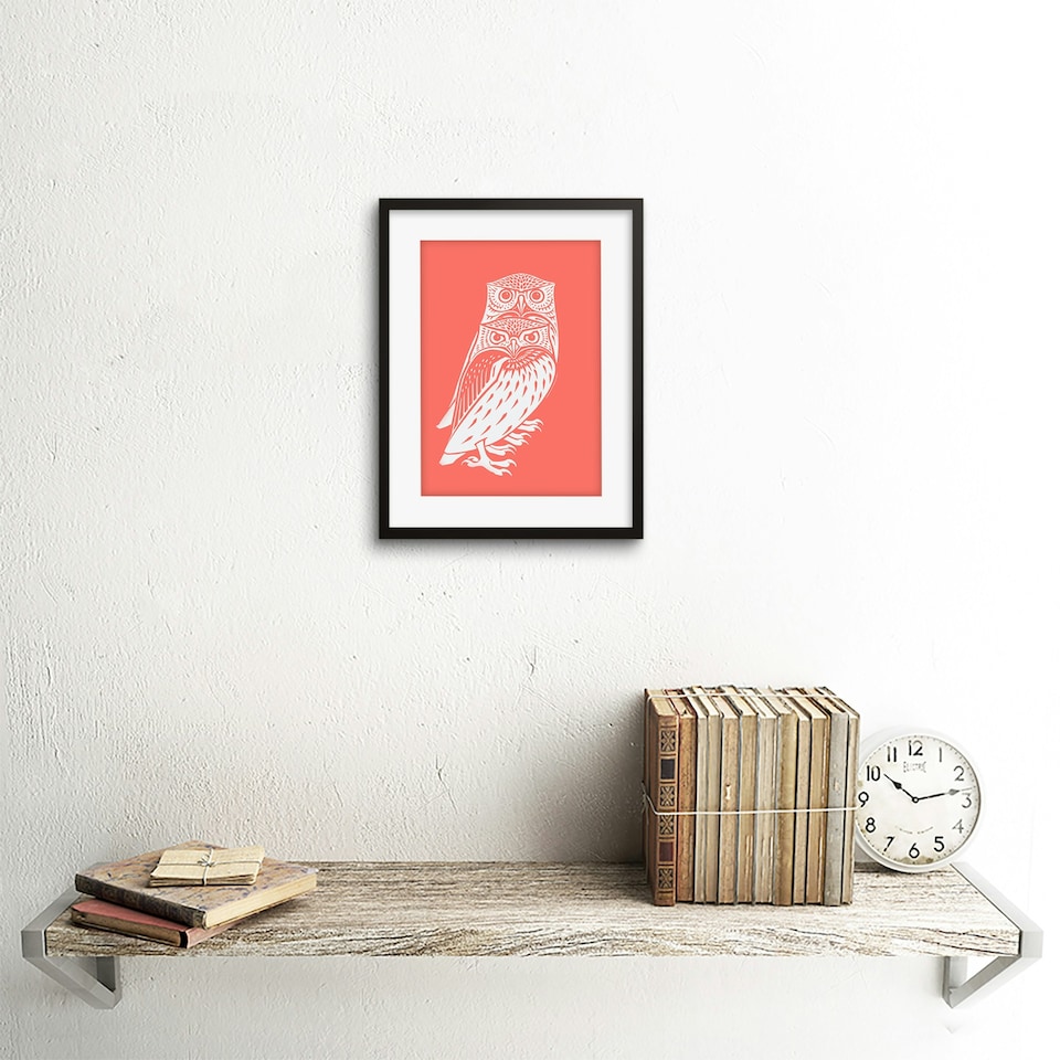 image 1 of Owls Julie De Graag Bold Coral Pink 9x7" Black Framed Wall Art Print