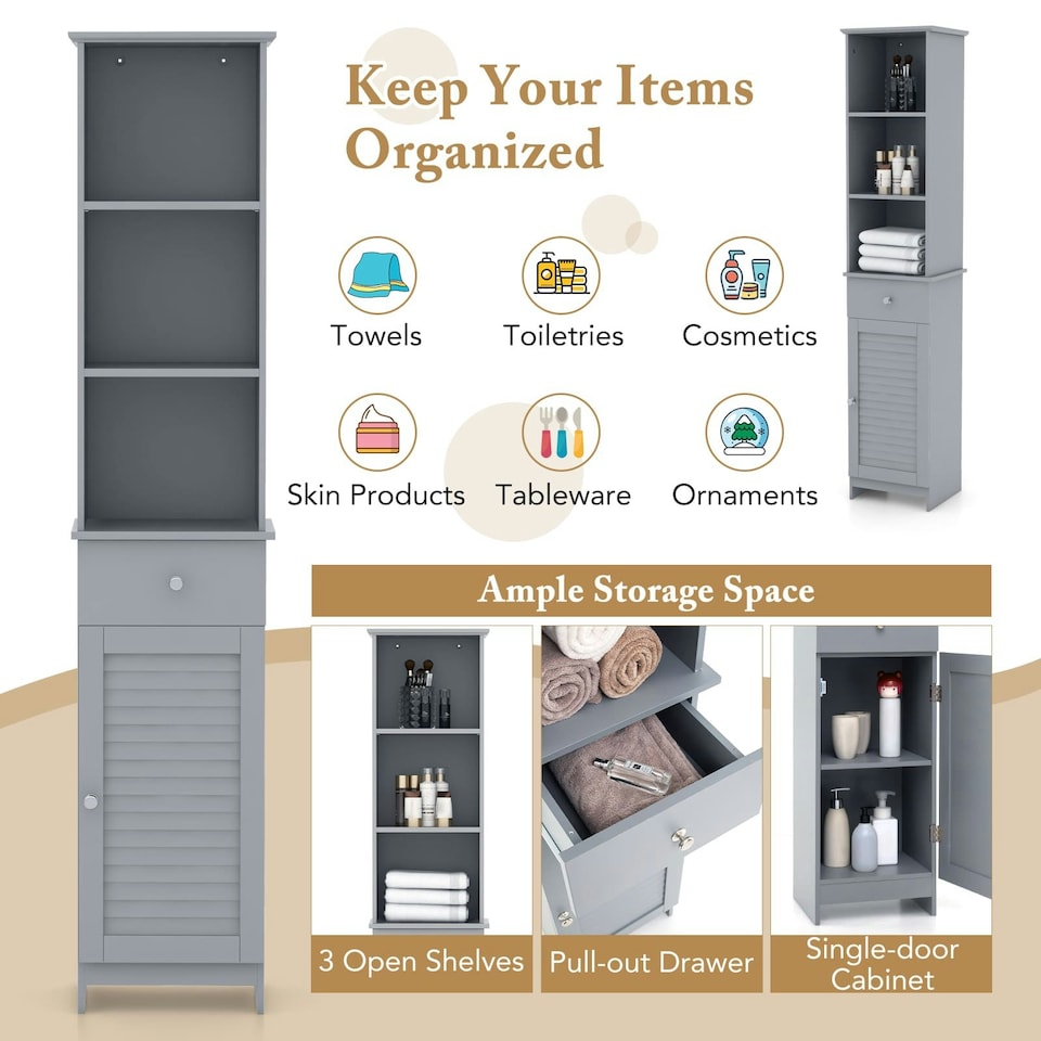 image 1 of COSTWAY Bathroom Storage Cabinet with 3 Open Shelves Grey | Grey | 1
