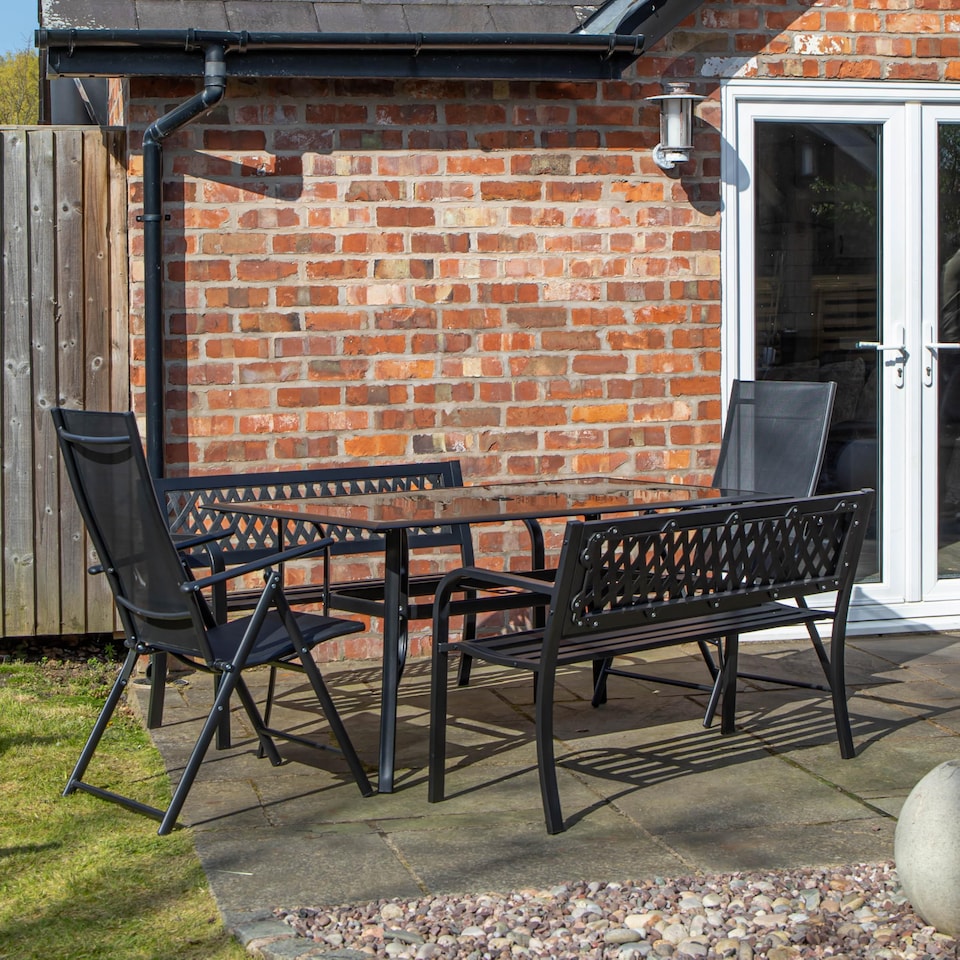 image 1 of Outdoor 6 Person Rectangular Glass Top Garden Dining Table Benches & Chairs Set