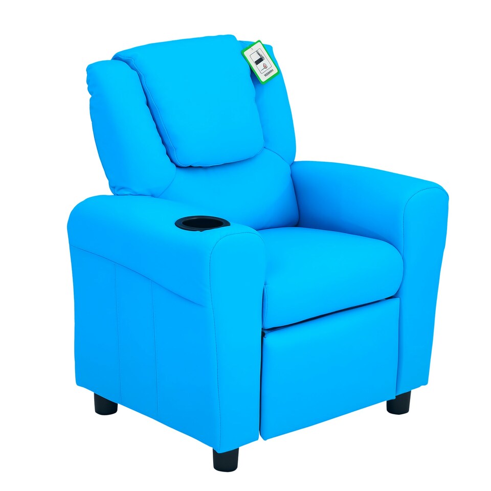 image 1 of HOMCOM Kids Recliner Chair w/ Cup Holder, PU Leather Children Lounger, Blue Blue