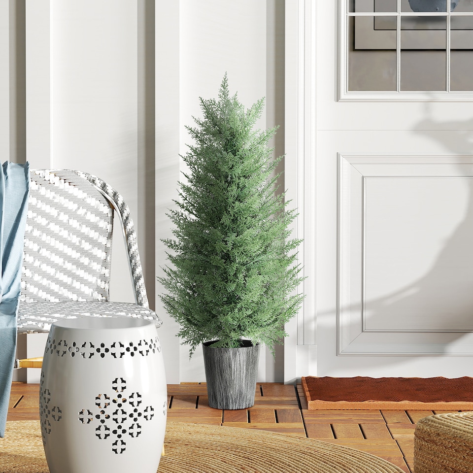 image 1 of HOMCOM 90cm Artificial Cypress Trees Set of 2, UV Resistant Artificial Plants with Decorative Pot, Fake Plants for Indoor Outdoor Decor, Green | Green