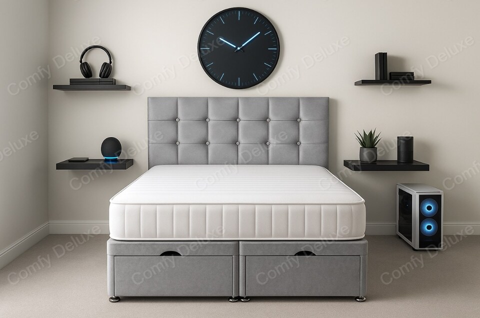 image 1 of Cube Silver Plush Ottoman 6ft Superking Bed Set With Headboard and Mattress