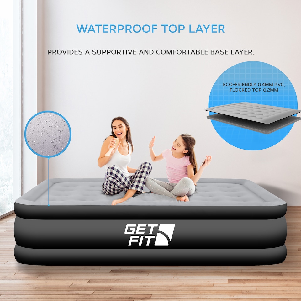 image 1 of Get Fit Air Bed With Built In Electric Pump - Premium Double Size - Blow Up Bed With Free Pillow - Elevated Inflatable Air Mattress | Black | Black / Grey | 1