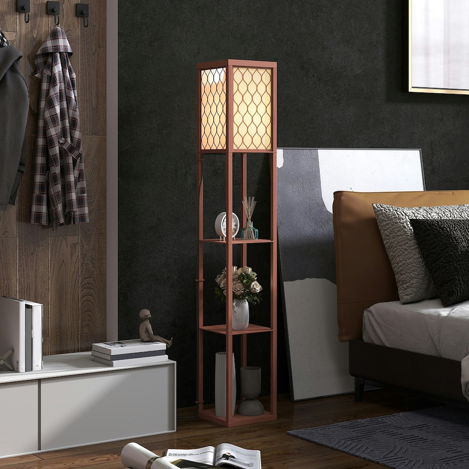 image 1 of HOMCOM Modern Floor Lamp Light with 3 Shelves Fabric Lampshade Brown | Brown
