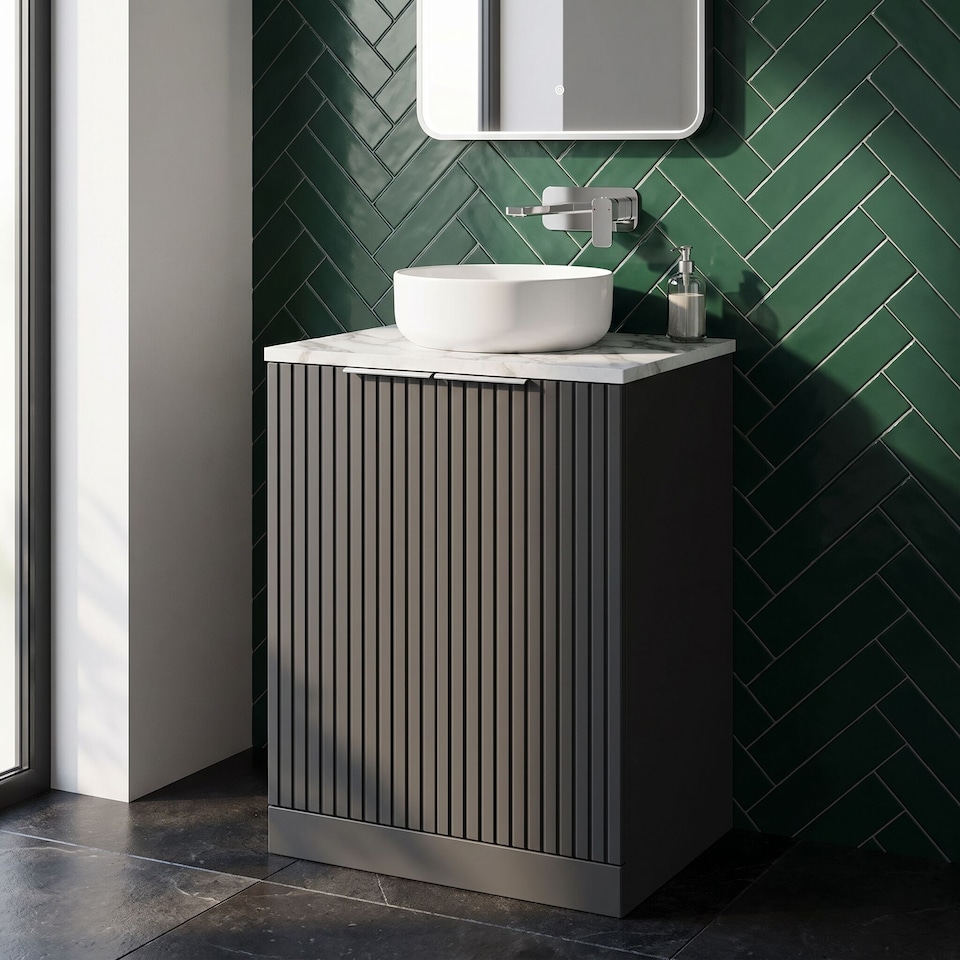 image 1 of Balterley Callingwood Contemporary Floor Standing 2 Door Vanity Unit with Carrera Marble Laminate Worktop , 600mm, Dark Grey