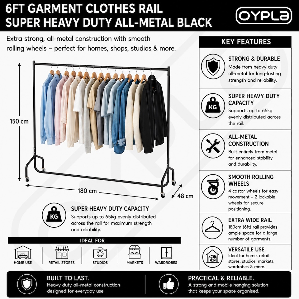 image 1 of 6ft Garment Clothes Rail Super Heavy Duty All Metal Black | Black