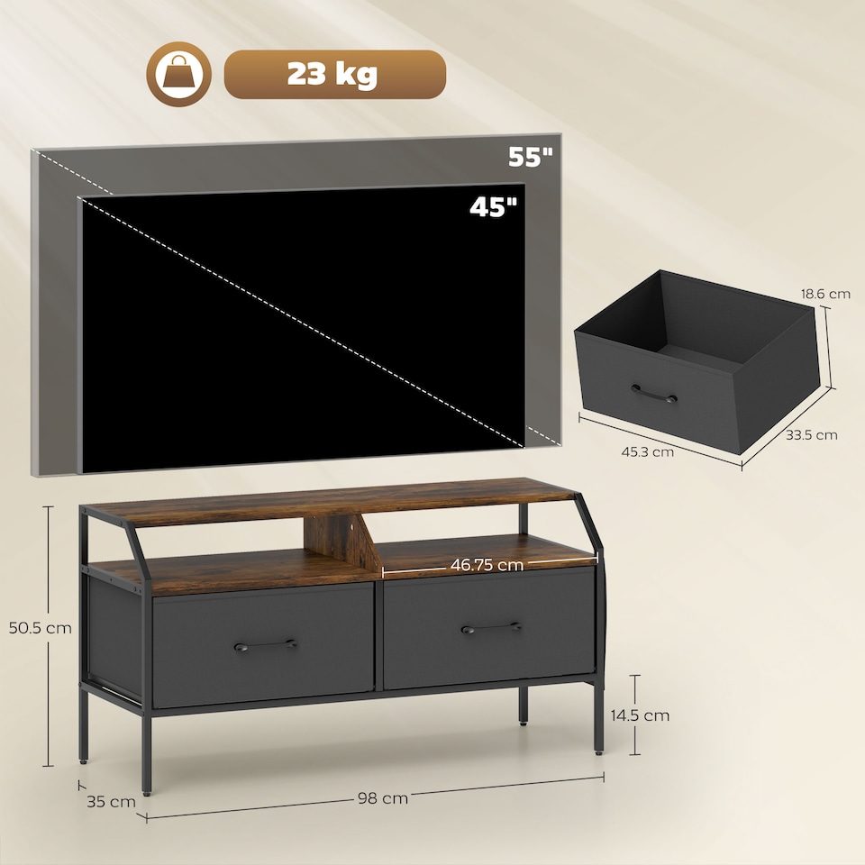 image 1 of HOMCOM TV Stand Cabinet, TV Unit for 55-inch TVs with 2 Foldable Fabric Drawers, 5 Divided Side Pockets, Open Shelves, Console Table for Living Room, Bedroom, Entertainment Room, Rustic Brown | Brown