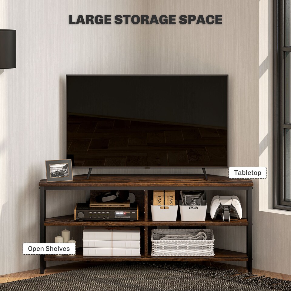 image 1 of HOMCOM Corner TV Stand Cabinet, TV Unit for TVs up to 50 , TV Cabinet with Storage Shelves and Cable Holes for Living Room, Bedroom, Rustic Brown