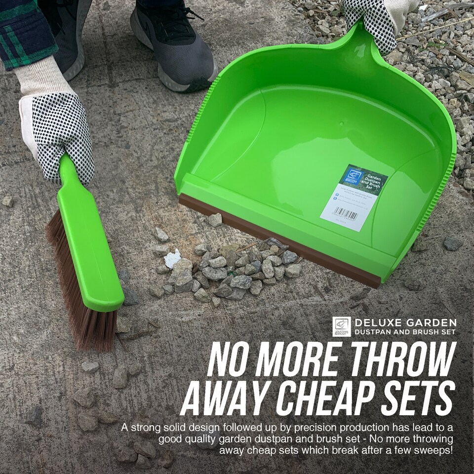 image 1 of Deluxe Garden Dustpan and Brush Set Large Outdoor Dustpan with Stiff Bristle Brush