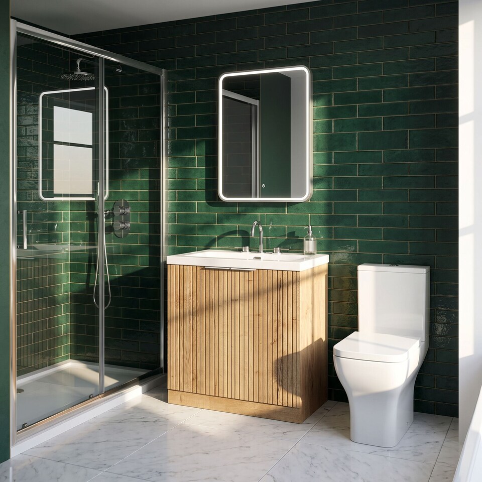 image 1 of Balterley Callingwood Contemporary Floor Standing 2 Door Vanity Unit with 3 Tap Hole Fireclay Basin , 800mm, Autumn Oak