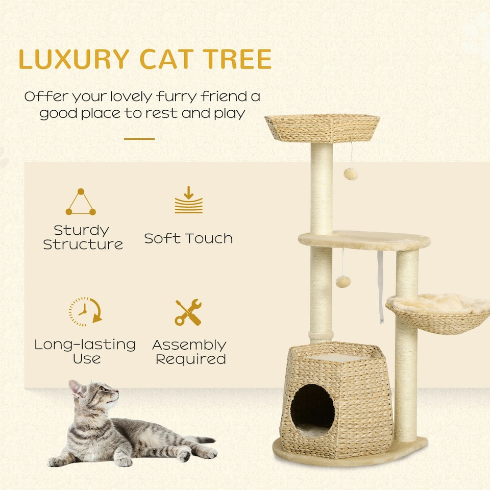 image 1 of PawHut Cat Tree Tower with Cattail Bed, Sisal Post, 119cm, Natural Tone