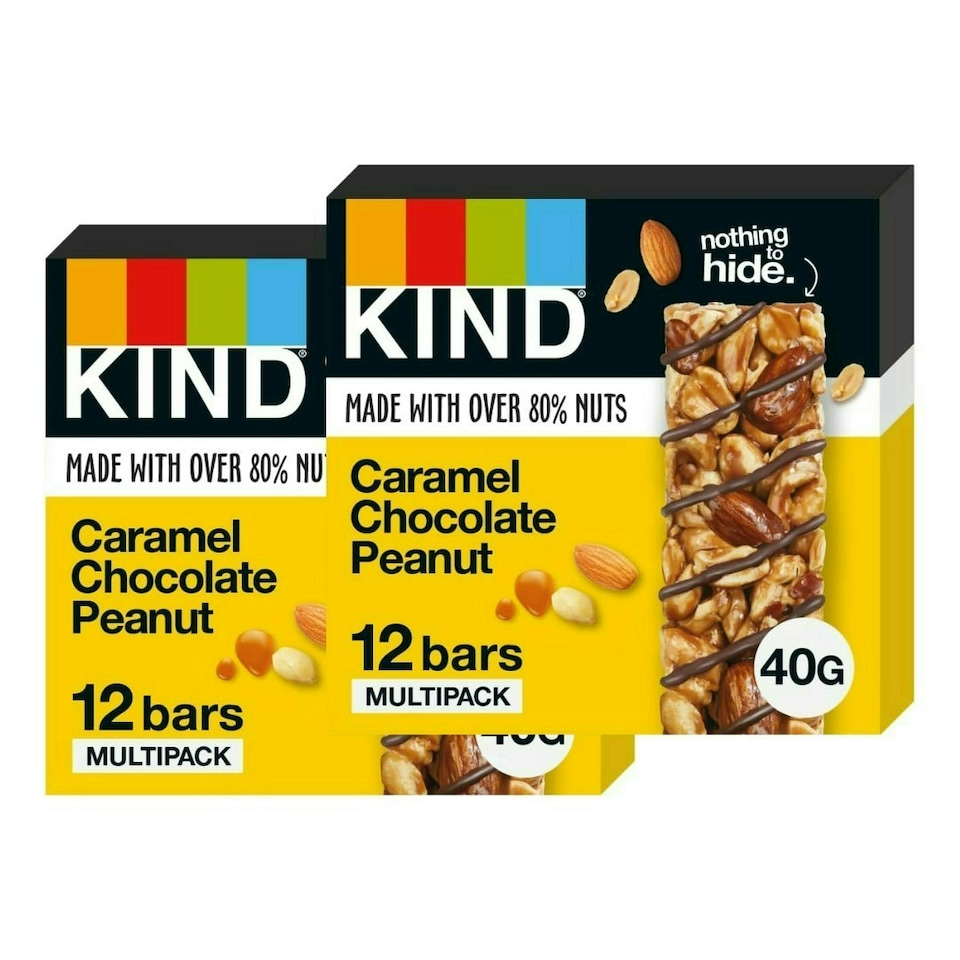 image 1 of KIND Bars, Gluten Free Snack Bars, Caramel Chocolate Peanut, High Fibre, No Artificial Colours, Flavours or Preservatives, Multipack 24 x 40g