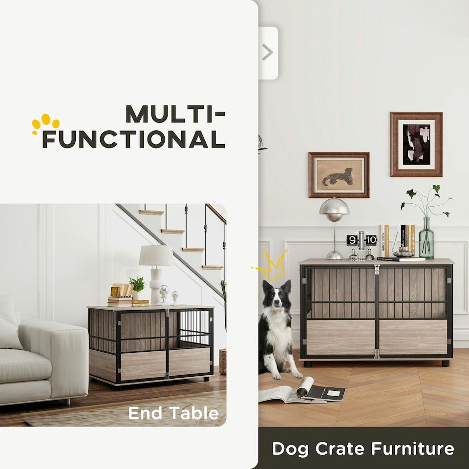 image 1 of PawHut 100cm Dog Crate Furniture Dog Cage End Table Indoor w/ Doors, Cushion
