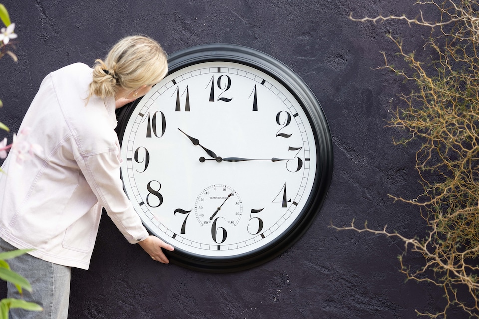 image 1 of Outdoor Garden Clock With Thermometer and Metal Casing Black Big Time 90cm