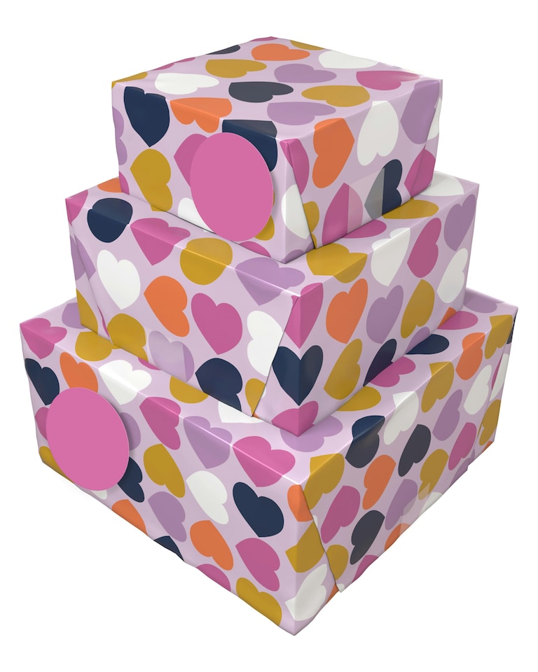 image 1 of Multipack of 6 Sheets of Gift-Wrapping Paper & 6 Tags | Birthdays/Thank You | For Her/Friend | Hearts Design | Multi