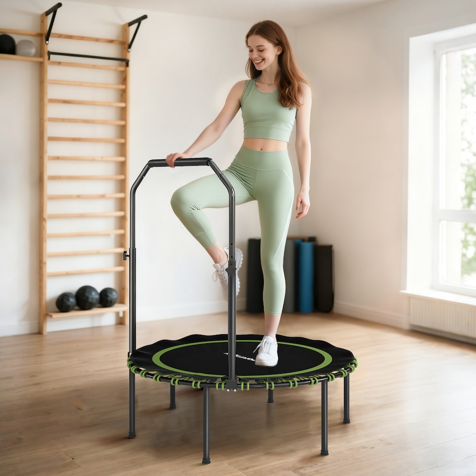image 1 of SPORTNOW 40'' Foldable Fitness Trampoline, Mini Trampoline Bungee Rebounder with 5-Level Adjustable Handle for Adults Indoor Outdoor Exercise, Green | Green