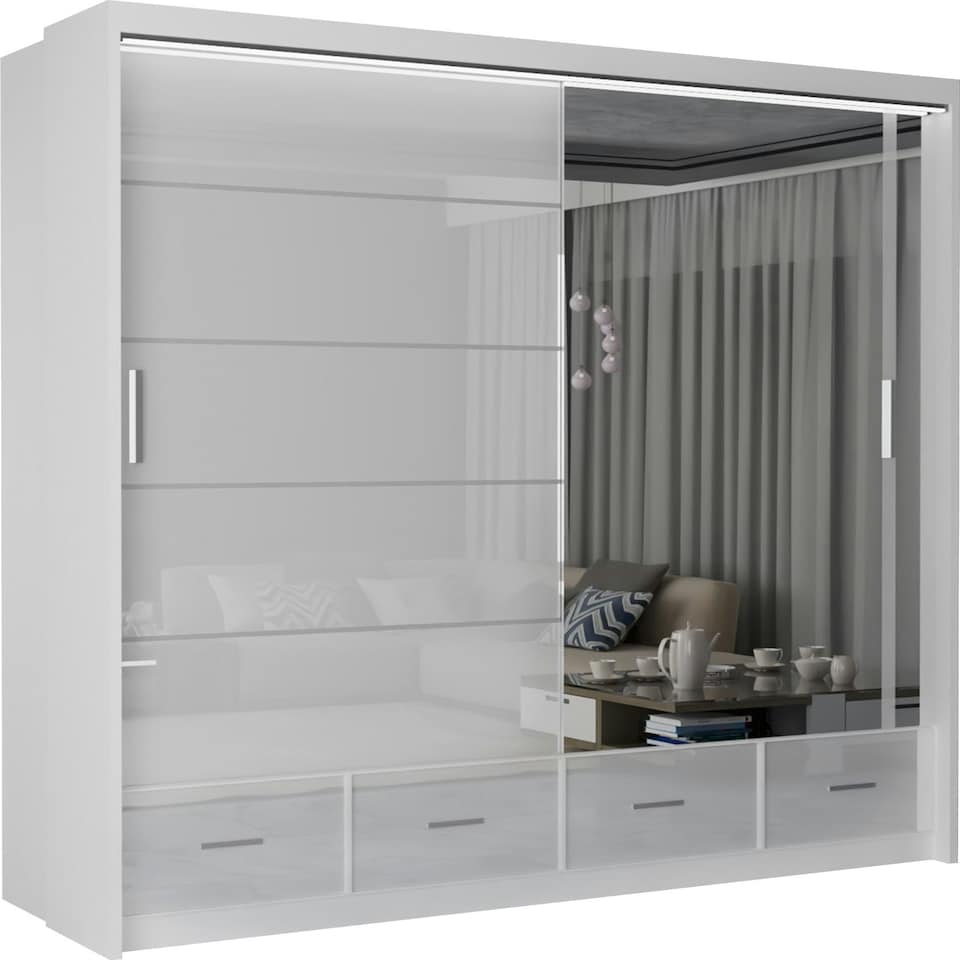 image 1 of Sleek High Gloss Sliding Wardrobe 203cm with Drawers | White/Black/Grey 2-Door Bedroom Storage Grey | Grey203cm