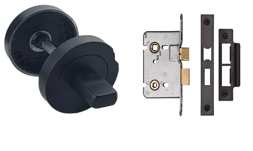 image 1 of Golden Grace 1 Pair Delta Bathroom Door Handles on Round Rose in Matte Black Finish with 1 Pair of Ball Bearing Hinges Mortise Lock and Matching Thumbturn | Black | 1 Set